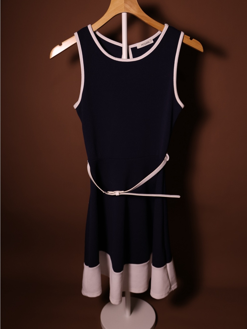 PERSAYA Navy/White Colorblock Sleeveless Fit & Flare Round Neck Short Dress M